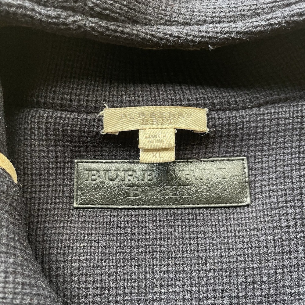 Burberry‎ Brit Merino Wool Knit Duffle Coat Navy Hooded Toggle Nova Check XL - Picture 3 of 10